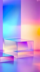 Aufkleber - Glass cube stage glowing with holographic, iridescent colors against soft pastel geometric. background video vertical