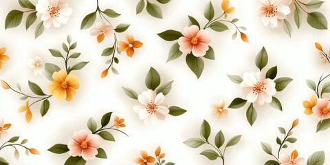 Poster - Elegant Floral Pattern with Soft Peach and White Flowers on a Light Beige Background Featuring Intricate Green Leaves and Delicate Petals