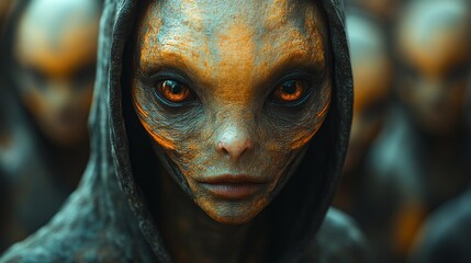 Wall Mural - A woman with a hooded face and orange eyes stands in front of a group of aliens