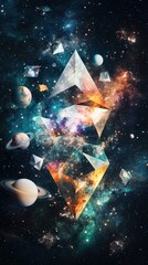Poster - Cosmic dance of geometric planets and stars outer space digital art dark universe aerial view enchanting geometric shapes