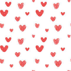 Poster - Playful seamless pattern with brush textured Heart shapes. Modern artistic hand drawn scribbles Background. Template for banner, wrapping paper, packaging, Love design, cover, textile print