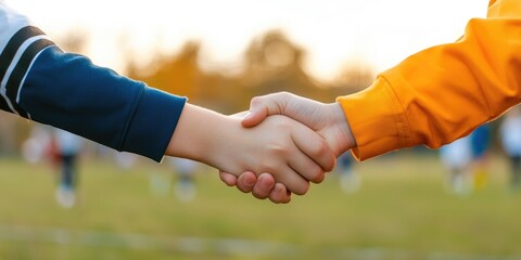Aufkleber - Two school teams shaking hands after a match, symbolizing sportsmanship, teamwork, and healthy competition