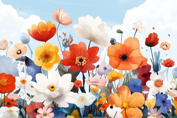 Poster - Exploring an enchanting garden scene full of oversized flowers vibrant colors whimsical illustration outdoor perspective gigapixel fantasy