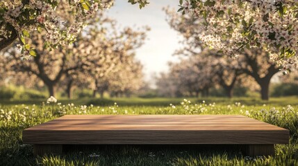 Aufkleber - A wooden podium rests on lush green grass, surrounded by vibrant blooming flowers in an orchard. The warm sunlight filters through the blossoms, creating a serene atmosphere perfect for gatherings.