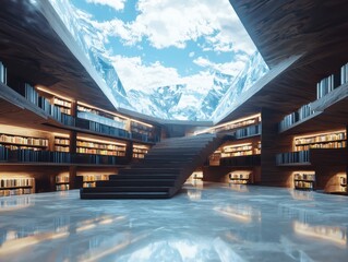 Poster - Exploring floating hologram books futuristic library interactive content modern environment aerial view whimsical concept