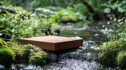 Poster - In a serene spring setting, a wooden podium is placed near a gently flowing stream, bordered by vibrant green moss and delicate flowers.