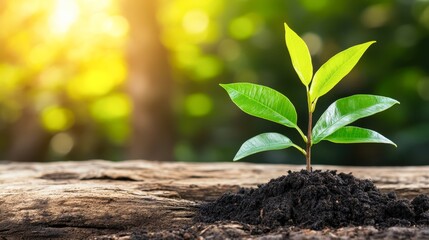 Canvas Print - A vibrant green seedling emerges from rich soil, illuminated by soft sunlight against a blurred natural backdrop, symbolizing growth and renewal, ideal for environmental themes or garden projects,