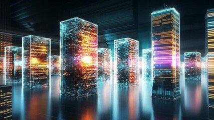Poster - Futuristic cityscape with glowing skyscrapers and vibrant reflections at night