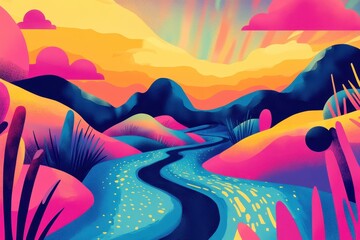 Poster - Vibrant Sunset Landscape With Winding River Path