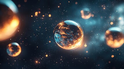 Poster - Floating luminous orbs cosmic space digital art ethereal environment aerial viewpoint elegant arrangement of light