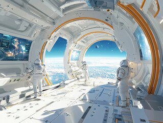Poster - Astronauts operate holographic systems space station digital interface zero gravity interior imaginative exploration of gigapixel