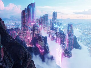 Poster - Futuristic cityscape visualization neon metropolis digital art urban environment aerial view modern gigapixel concept