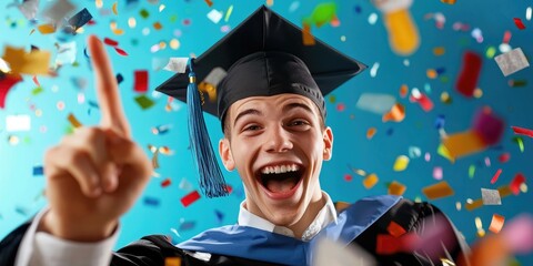 Aufkleber - A joyful graduate making a victory sign with their diploma, colorful confetti falling around, simple yet lively background