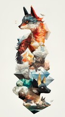 Fototapete - Whimsical journey of colorful geometric creatures imaginative world digital art fantasy landscape aerial view exploring fantastical realms