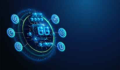 Lowpoly 6G Communication Hardware With Lineart Icons. Abstract geometric illustration on sixth generation wireless mobile network connection technology concept by wireframe mesh on blue background
