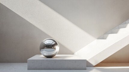Poster - A polished metallic sphere sits on a simple stone pedestal, casting reflections that dance under warm afternoon sunlight streaming through nearby windows, highlighting a serene and modern atmosphere