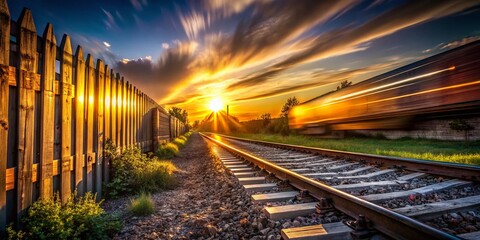 Wall Mural - Sunset Train Through Fence - Scenic Railroad Landscape Photography