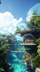 Poster - Exploring a captivating underwater city ocean depths digital art futuristic aerial view bioluminescent structures and marine life coexisting