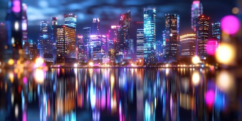 Poster - Vibrant Nightscape of a Modern City Skyline with Reflections on Water Showcasing Architecture and Colorful Lights in a Urban Setting
