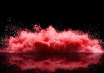 Poster - Dramatic Red Powder Explosion Creating Cloud Effect in Dark Atmosphere with Reflection on Surface
