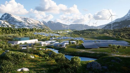Poster - Showcasing renewable energy sources solar panels and wind turbines in a modern gigapixel landscape nature environment aerial viewpoint for sustainable future