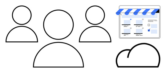 user profiles near digital storefront and cloud icon convey online connectivity, data sharing, and e