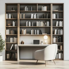 Poster - Modern Minimalist Home Office Setup with Stylish Bookshelf and Chair