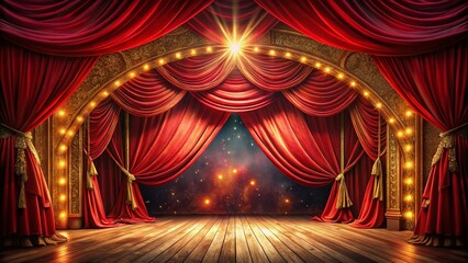 Wall Mural - Surreal Fantasy Circus Stage: Red Curtains, Deep Depth of Field Stock Photo