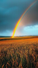 Aufkleber - A breathtaking rainbow spans the sky above a tranquil field, where golden wheat sways gently in the breeze. The vibrant colors create a magical atmosphere as nature unfolds its beauty