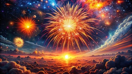 Wall Mural - Surreal Fireworks Sun: Celestial Explosion of Light and Color