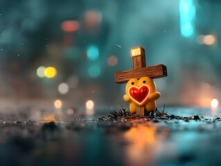 A glowing wooden crucifix entwined with a pulsing red heart resting on a sleek metal shore beneath a futuristic sky ablaze with neon lights  A striking metaphorical representation of faith love