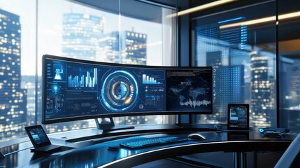 Poster - Futuristic Office Setup with Curved Monitor and High-Tech Devices