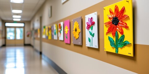 Aufkleber - School hallway decorated with student artwork representing various cultures, showcasing diversity, soft focus