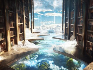 Poster - Exploring floating holographic books futuristic library whimsical environment aerial view imaginative concept