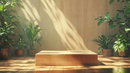 Poster - A wooden podium sits in a bright, serene indoor space filled with vibrant green plants. Sunlight filters through the leaves, creating a peaceful atmosphere ideal for presentations or gatherings.
