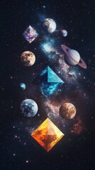 Poster - Cosmic dance of colorful geometric shapes outer space digital art dark universe aerial view enchanting cosmic scene