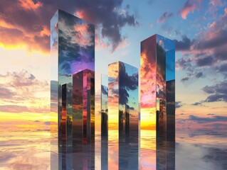 Poster - Futuristic skyline sunset cityscape digital art urban environment aerial view colorful geometric forms reflection