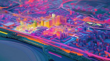 Poster - Innovative production presenting a futuristic city illuminated by neon lights, emphasizing advanced urban development and vibrant colors in a stunning cityscape