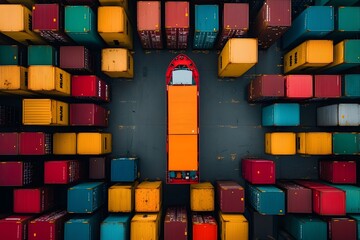 Poster - Aerial panoramic view of a thriving container terminal capturing the organized chaos of towering stacks of multicolored shipping containers