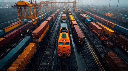 Poster - Aerial panoramic view of a vast railway freight yard with rows of cargo trains loading and unloading their shipments surrounded by towering industrial cranes and warehouses set against a gritty