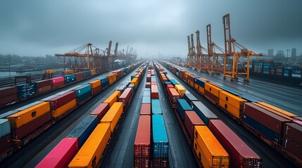 Poster - Aerial shot of an expansive railway freight yard with rows of cargo trains loading and unloading their shipments surrounded by towering industrial cranes and warehouses set against a gritty