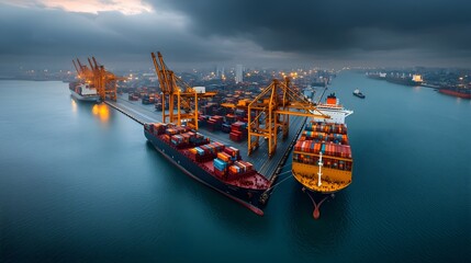 Poster - Aerial view of a bustling container port with massive cargo ships docked alongside towering gantry cranes meticulously loading and unloading freight