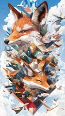 Poster - Whimsical exploration of fantastical creatures imaginative world digital art colorful environment aerial view geometric shapes