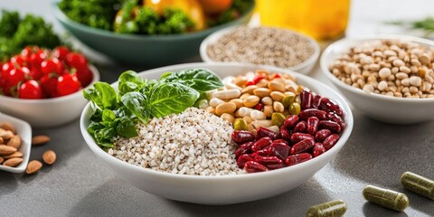 Poster - A collection of herbal supplements beside a balanced meal, highlighting the role of nutrition in wellness