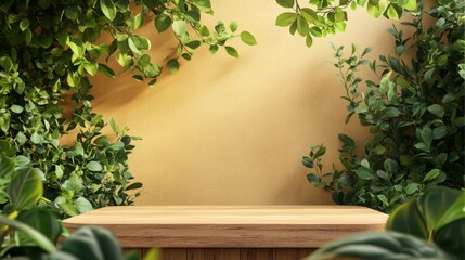 Aufkleber - A wooden podium stands ready for use amidst vibrant green foliage in a bright, spring setting. This natural backdrop creates a refreshing atmosphere for any gathering or presentation.