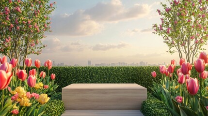 Aufkleber - A serene spring setting features a wooden podium embraced by colorful tulips and blossoming trees. The backdrop showcases a breathtaking view of a city skyline under a clear blue sky.