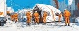Emergency response team setting up disaster aid tents in an urban environment