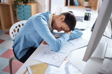 Aufkleber - Office, businesswoman and sleeping by computer for burnout, tired and overworked in corporate company. Nap, female person and accountant with exhaustion for documents, auditing and fatigue on desk