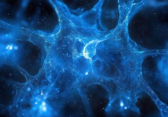 Poster - Intricate Blue Neural Network Structure with Ethereal Glow and Dynamic Patterns for Technology and Science Backgrounds in a Digital World
