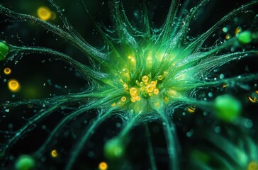 Poster - Intricate Macro Shot of Green Cell Structure with Glowing Yellow Particles Radiating in a Dark Background, Abstract Organic Microscopic View